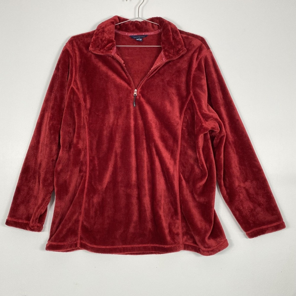 Lands End Sweater Womens 1X Red Fleece 1/4 Zip Collared‎ Pullover Soft Plush